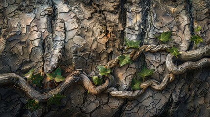 A close-up of a vine snaking its way across a textured tree trunk