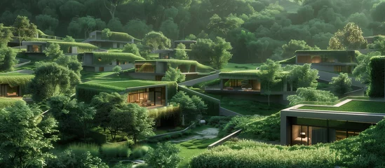 Poster modern sustainable residential area in the hills forest © Menganga