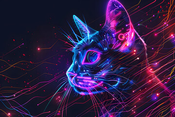 Cat with futuristic technology. Colors neon background.