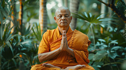 Buddhist monk in lotus position against a background of green plants. Peaceful reflection and spirituality. Religion, traditional eastern meditation, prayer, spiritual practice