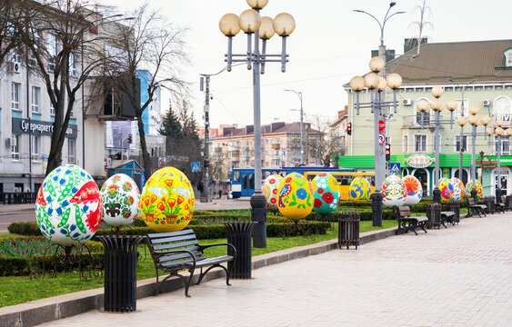 Rivne, Ukraine - 22 April 2023. Decoration of the city for Easter, large painted Easter eggs with drawings by a Ukrainian folk art painter Maria Oksentiyivna Prymachenko.