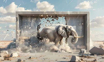 Dynamic image of an elephant crashing through a barrier, symbolizing breakthrough and strength. Elephant breaking through wall in powerful charge.