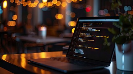 HTML inscription against a laptop and code background