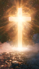 A shining cross emitting divine golden light in a mystical atmosphere. Concept of Faith and Spirituality, Easter, Exaltation, religious holidays. Vertical frame