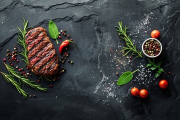 Grilled beef steak, herbs and spices on a black stone background. View from above. place for text. generative ai
