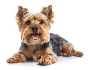 Adorable happy yorkshire terrier dog laying on the floor on isolated background