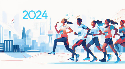 Marathon Runners Illustration, Energetic Athletes with 2024 in Vibrant Cityscape