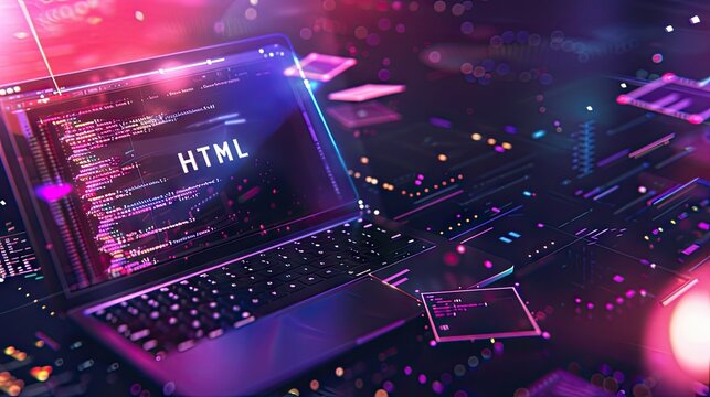 HTML inscription against a laptop and code background