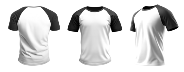 Set of men black Raglan Sleeves white tee t shirt colour block round neck front, back and side view on transparent background cutout, PNG file. Mockup template for artwork design. 
