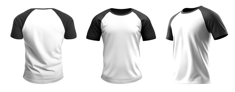 Set of men black Raglan Sleeves white tee t shirt colour block round neck front, back and side view on transparent background cutout, PNG file. Mockup template for artwork design. 