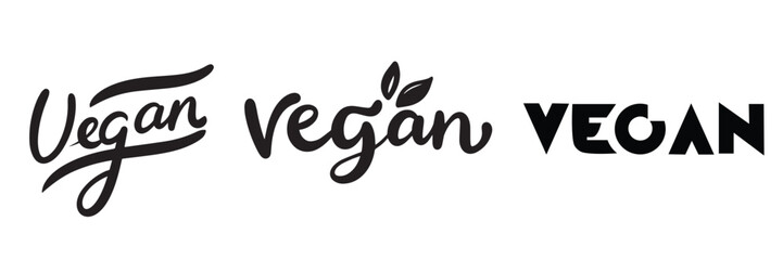 Collection of Vegan handwriting text in black color. Hand drawn vector art.