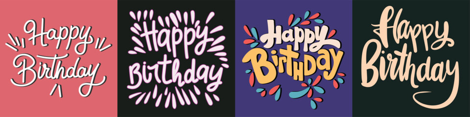 Obraz premium Collection of Happy Birthday handwriting text in black color. Hand drawn vector art.