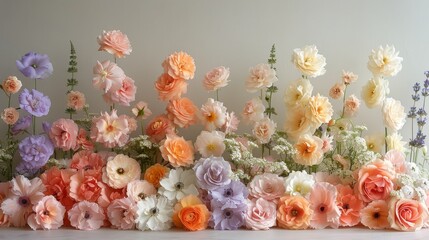   A collection of flowers arranged together on a pristine white table against a backdrop of a pristine white wall