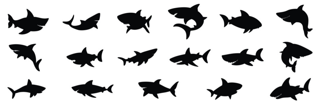 Big collection of shark silhouette. Hand drawn vector art.