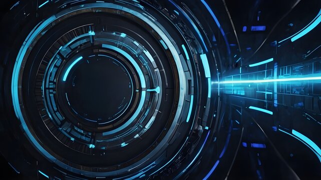 beauty of technology in design by combining an abstract futuristic background with blue circular lines to create a visually appealing piece. 