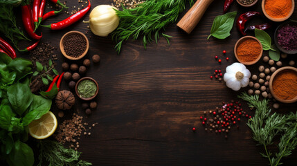 Fototapeta na wymiar Spice herbs and vegetables frame food background and empty cutting board