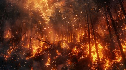 Intense night-time image of a dense forest ablaze with wildfire, embers rising among the trees. - obrazy, fototapety, plakaty