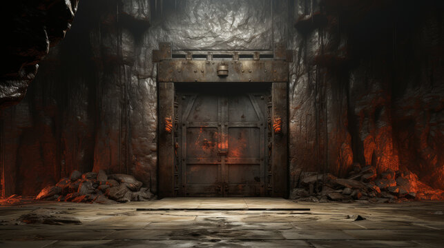 empty room with a rusty door, Mysterious cave door