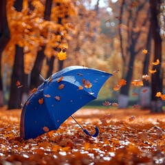 Golden Autumn Bliss - A Stunning Landscape of Orange Leaves and Blue Umbrellas, Capturing the Essence of Fall Beauty