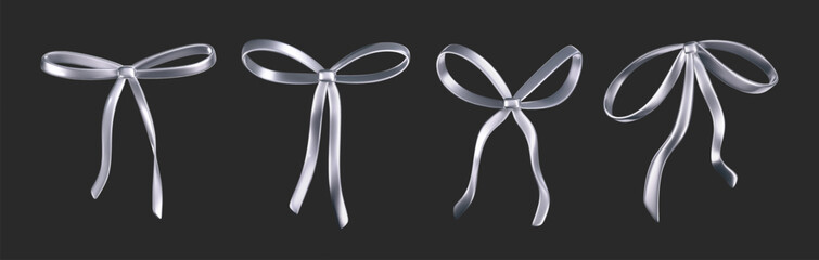 3d chrome liquid bow ribbon in y2k style isolated on a dark background. Render of modern silver aesthetic bow ribbon, vintage girly hair accessory with reflection gradient effect. 3d vector y2k icon