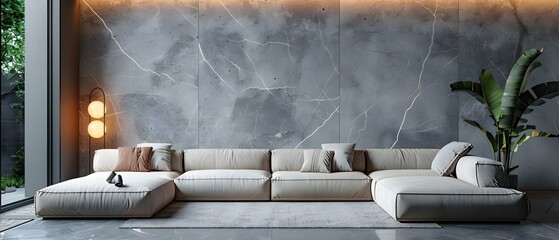 Chic Minimalist Lounge with Marble Wall & Plush Sofa. Concept Minimalist Design, Chic Decor, Marble Accents, Plush Furniture, Lounge Space