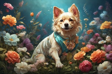 A dog is sitting in a field of flowers