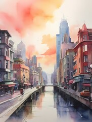 Fototapeta premium A serene watercolor illustration of a picturesque cityscape.
