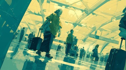 Tourists passengers with suitcases at modern airport, back view, illustration