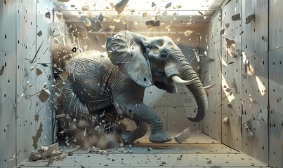 Dynamic image of an elephant crashing through a barrier, symbolizing breakthrough and strength. Elephant breaking through wall in powerful charge.
