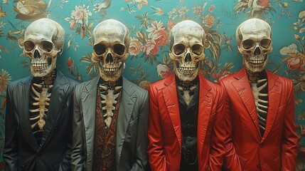 Whimsical depiction of skeletons dressed to the nines in sharp suits, injecting a dash of humor - obrazy, fototapety, plakaty