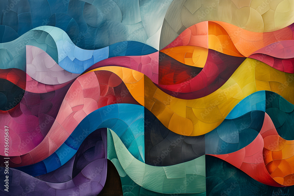 Poster a colorful abstract painting with a lot of different colors and shapes. the painting is full of ener