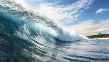 A big wave in clear water under a bright sky