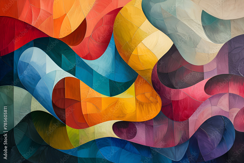 Poster a colorful abstract painting with a lot of different colors and shapes. the painting is full of ener