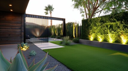 Obraz na płótnie Canvas Minimalist backyard with sleek artificial turf and stylish garden accents.