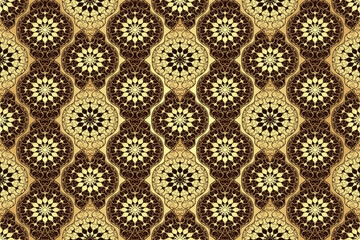 Vector hand drawn seamless golden pattern with rhombuses and mandalas. Islam, Arabic, Indian, ottoman, asian motifs.