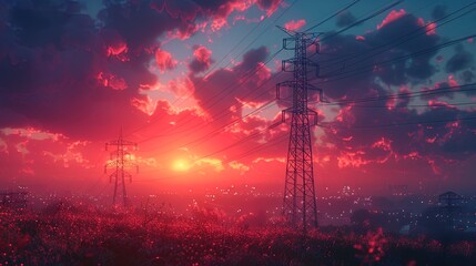 A high voltage electric tower stands against the twilight, illuminated by the settin - obrazy, fototapety, plakaty