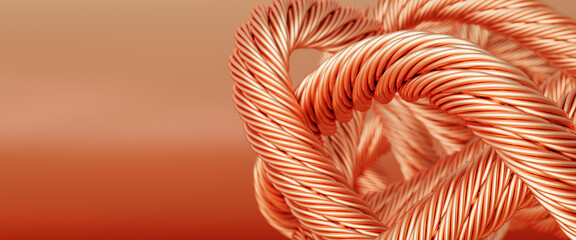 Copper concept. Twisted copper wires. Selective focus and copy space.