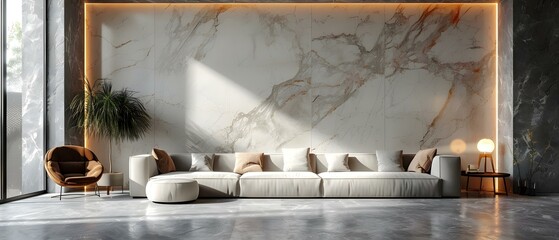 Fototapeta na wymiar Chic Minimalist Living Room with Marble Wall and Elegant Decor. Concept Minimalist Decor, Marble Accents, Chic Living Room, Elegant Interior Design, Home Decor