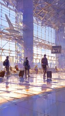 Tourists passengers with suitcases at modern airport, back view, illustration