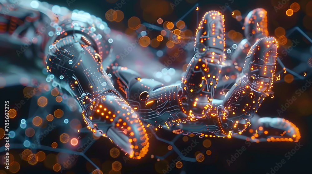 Poster ultra close-up view tiny sci-fi particles forming a robotic hand