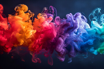 A colorful smoke trail with a rainbow of colors. The smoke is thick and billowing, creating a sense of movement and energy. The colors are vibrant and eye-catching. Generative AI - obrazy, fototapety, plakaty