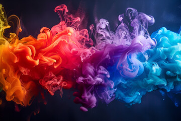 A colorful smoke trail with a rainbow of colors. The smoke is thick and billowing, creating a sense of movement and energy. The colors are vibrant and eye-catching. Generative AI - obrazy, fototapety, plakaty