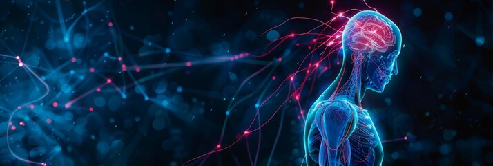 This illustration depicts the human nervous system, emphasizing neural connections and muscles highlighted in blue, with red accents 
