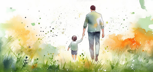 Father and Child Hand in Hand, Watercolor Painting of Parental Love. Father's Day