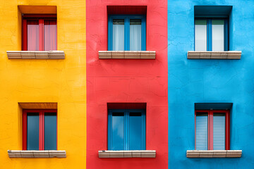 A row of colorful buildings with blue windows. The buildings are painted in bright colors, creating a cheerful and lively atmosphere. Generative AI