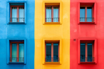 Fototapeta na wymiar A row of colorful buildings with blue windows. The buildings are painted in bright colors, creating a cheerful and lively atmosphere. Generative AI