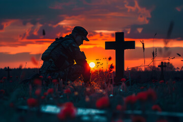 A military man kneels at the grave of a fallen soldier at sunset, symbolizing the concept of a war veteran from the generation AI paying tribute to their comrade's sacrifice. - obrazy, fototapety, plakaty