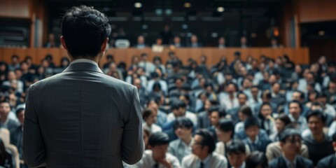 A business presentation showing the back of an Asian man in his late thirties wearing a grey suit giving a speech to an audience Generative AI - obrazy, fototapety, plakaty
