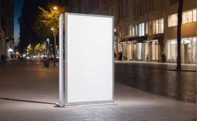Mockup billboard. Blank white vertical advertising banners billboard stand on the sidewalk at night