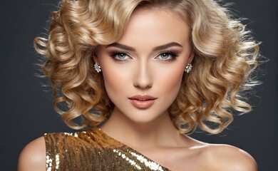 Model in Golden Dress. Fashion Blond Woman with Perfect Make up and Curly Hairstyle in over Dark Gray Background 